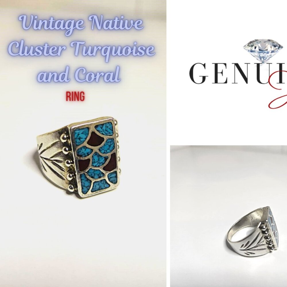 Vintage Cluster Turquoise and Red Coral Native Sterling Silver Ring